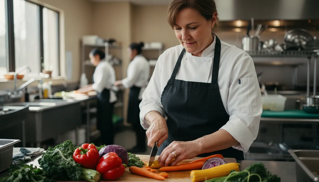 University dining chef chopping fresh locally sourced vegetables in commercial kitchen