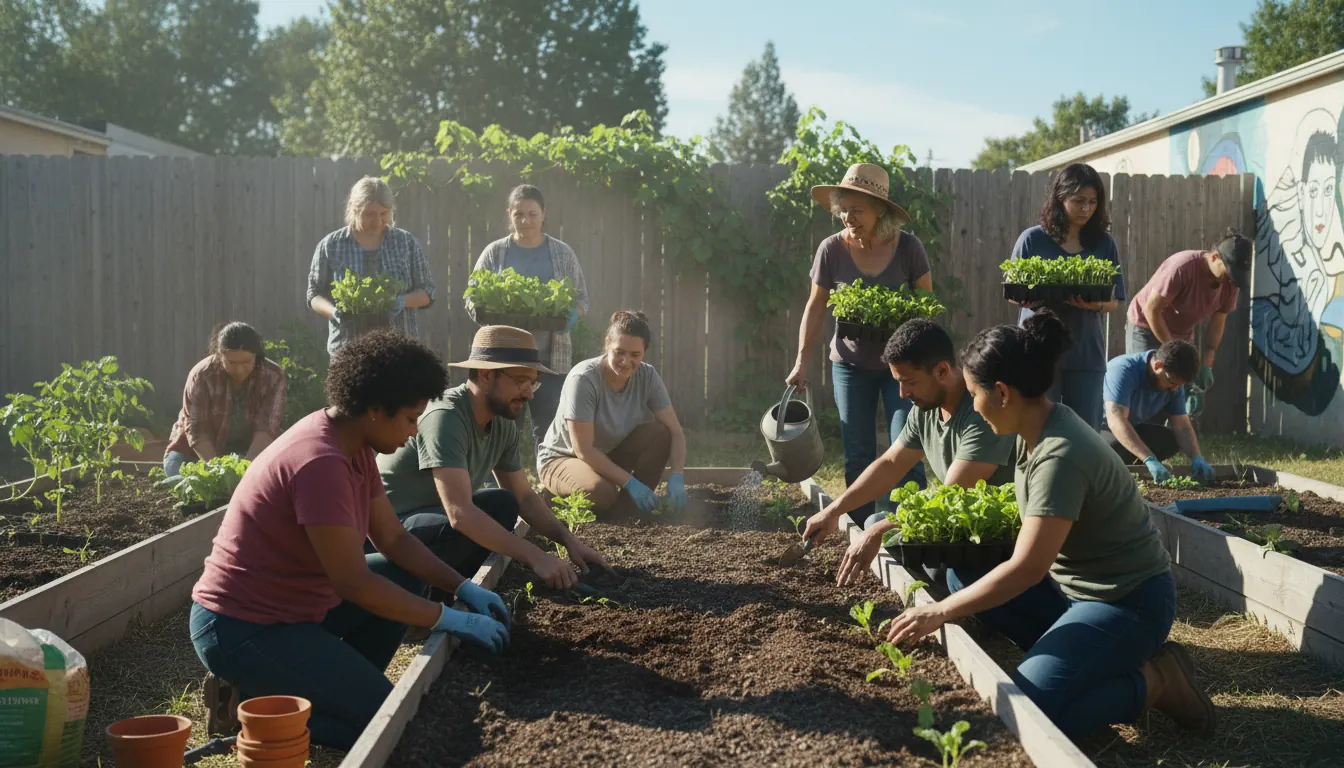 Diverse group of volunteers working together in community garden planting vegetables