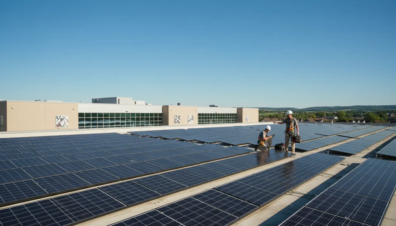 Solar panel array installed on school building roof with clear blue sky background