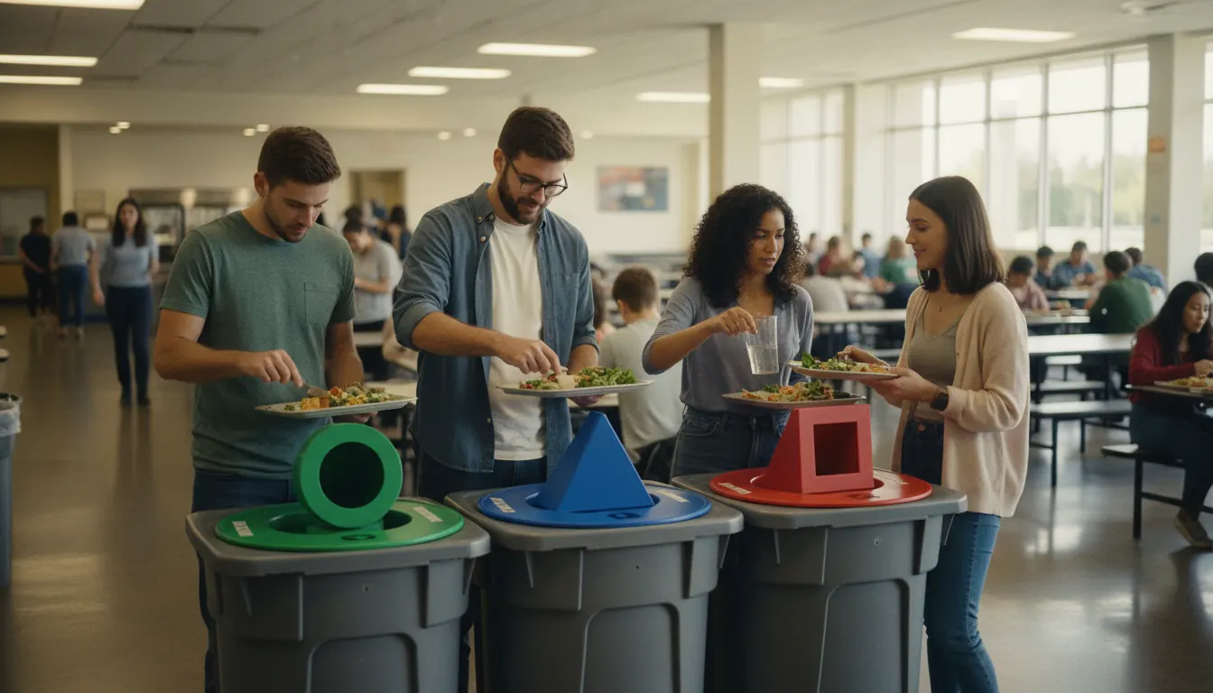 Students sorting food scraps into labeled composting bins at campus dining facility
