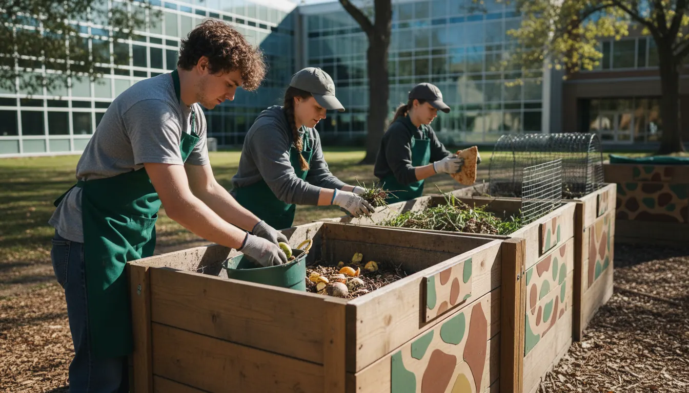 Students sorting organic waste at campus composting station
