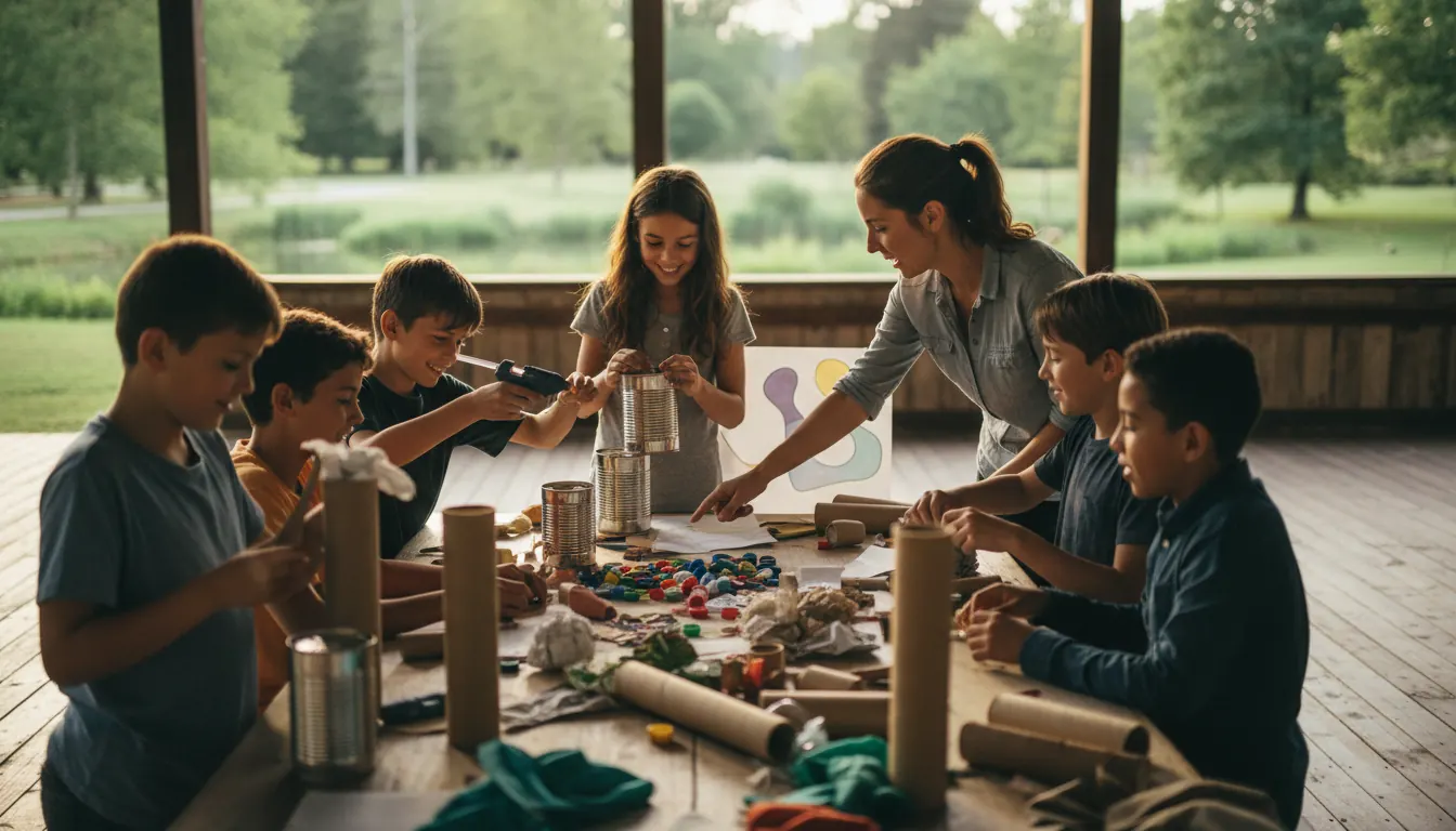 Students participating in hands-on environmental education workshop with recycling materials