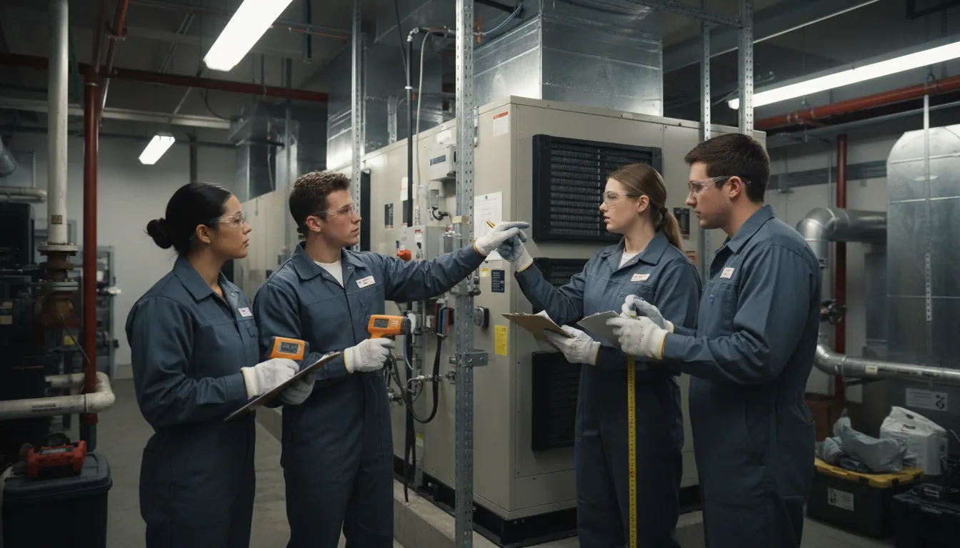Student team with clipboards and measuring tools inspecting HVAC equipment in mechanical room