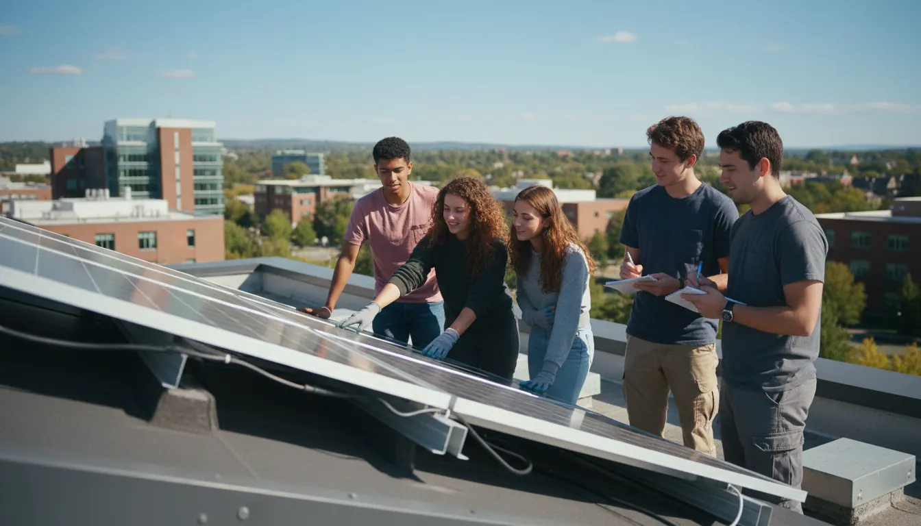 Students examining solar panel installation on university building