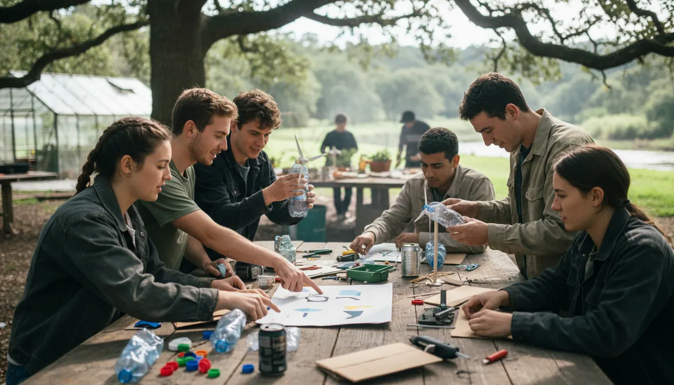 Students collaborating on environmental project at outdoor workshop table with recycling materials