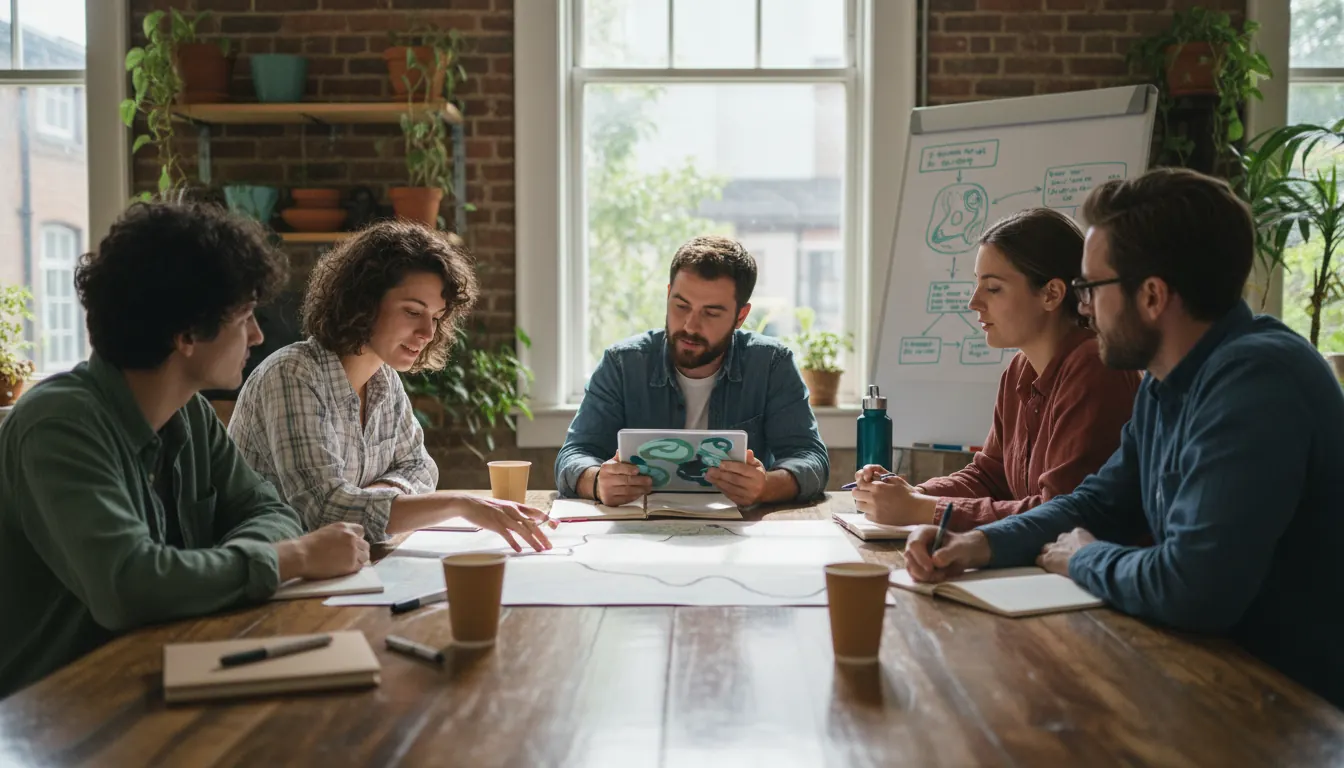 Young people gathered around table planning environmental community project