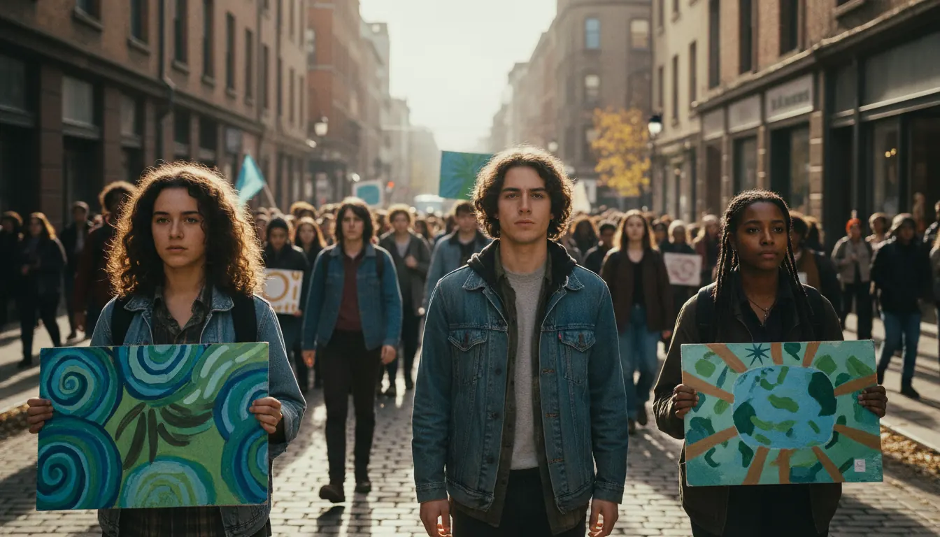 Young climate activists marching with environmental justice signs