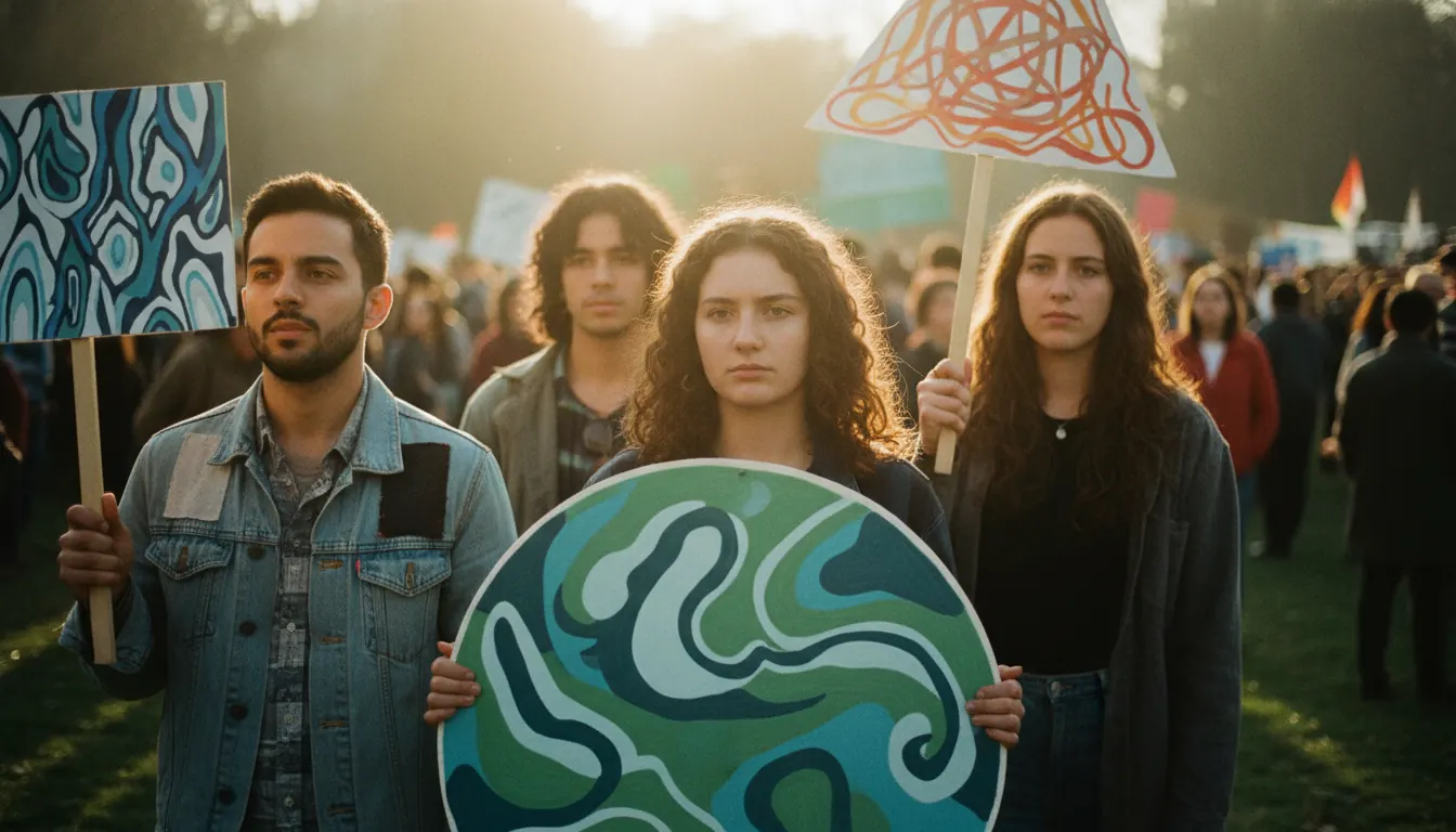 Young activists holding climate action signs at outdoor environmental protest rally