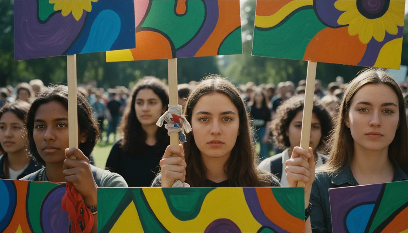 Young activists holding colorful climate action signs at outdoor rally with diverse crowd
