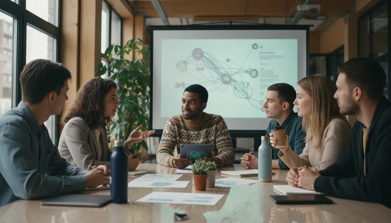 Diverse group of young people discussing environmental action plans around conference table